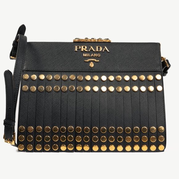 Prada Nero Saffiano Leather Studded Fringe Frame Shoulder Bag - Picture 1 of 14